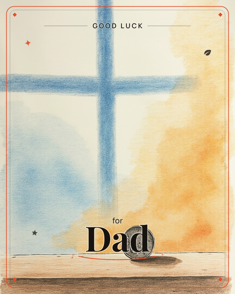 A single old coin stands balanced on its edge along a wooden sill, lit by a window whose blue crossbar frames soft washes of amber and pale sky-blue light, a good luck e-card design