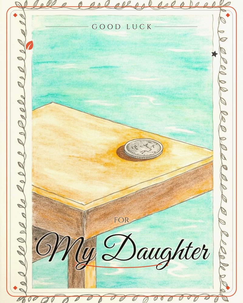 A single coin rests on the corner of a wooden table, drawn in coloured pencil against a streaky turquoise background, a good luck e-card design