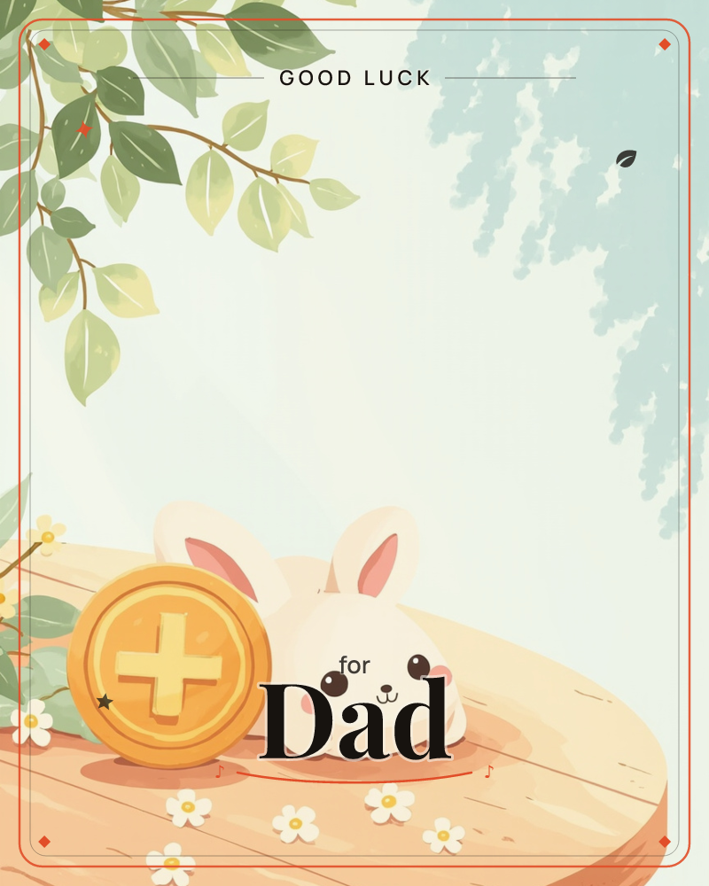 A small round-eared white bunny lies flat on a wooden tabletop beside a gold coin stamped with a plus sign, surrounded by scattered white daisies, a good luck e-card design