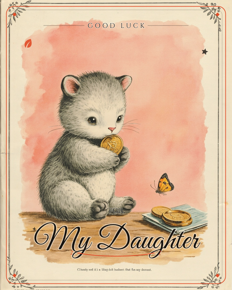 A round, fuzzy grey kitten sits on a wooden tabletop, holding a gold coin between its paws and gazing at it with wide, curious eyes, a good luck e-card design