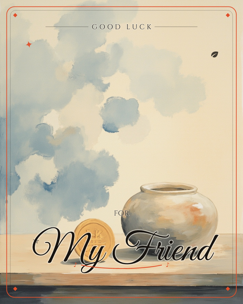 A round-bellied ceramic pot sits on a wooden tabletop beside a golden coin stamped with an emblem, set against a cream backdrop where soft blue clouds…, a good luck e-card design