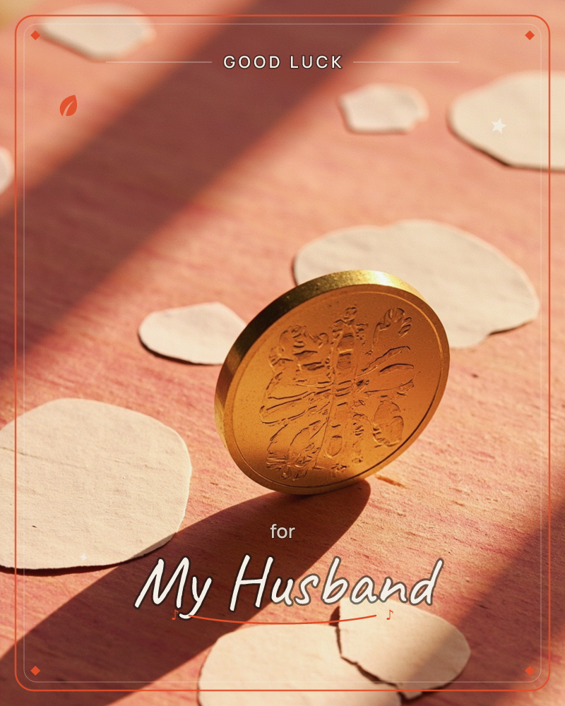 A gold coin embossed with a floral crest stands upright on a warm pink surface, surrounded by small pale cut-paper petal shapes scattered across the frame, a good luck e-card design