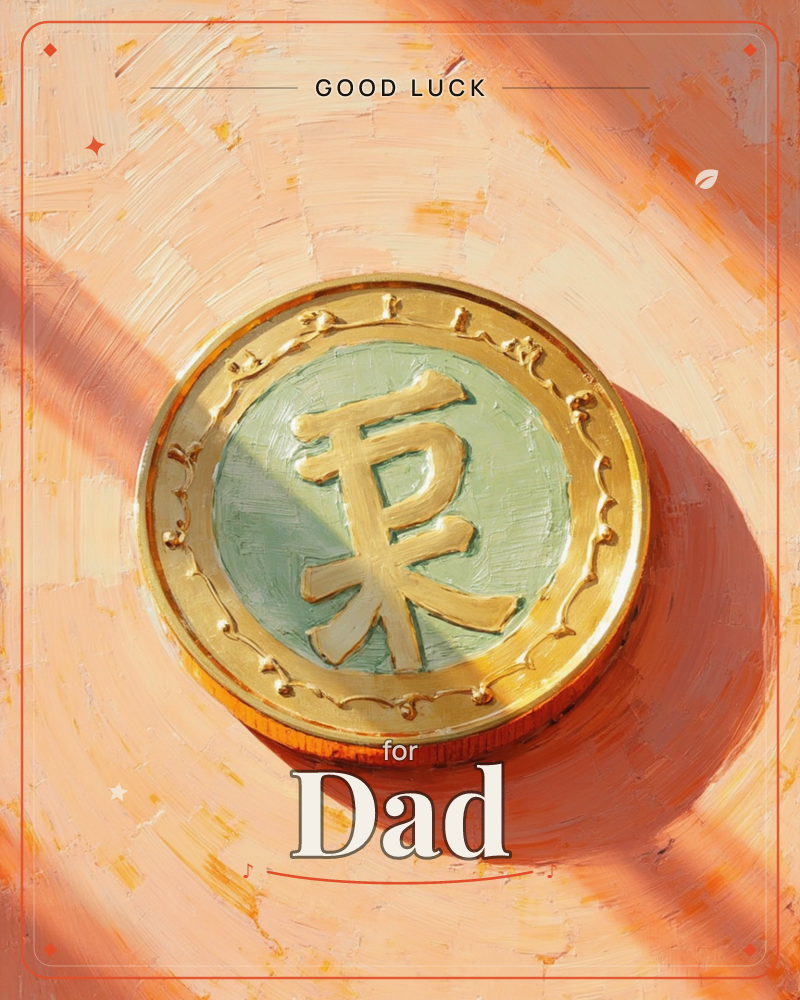 A single gold coin rests on a warm peach surface, its beaded rim catching bright diagonal light, with a pale jade-green center stamped with a bold…, a good luck e-card design