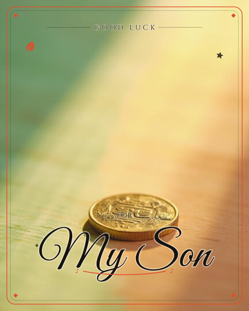 A single gold coin rests on a wooden surface, caught at the edge where cool green shade meets warm golden sunlight, a good luck e-card design