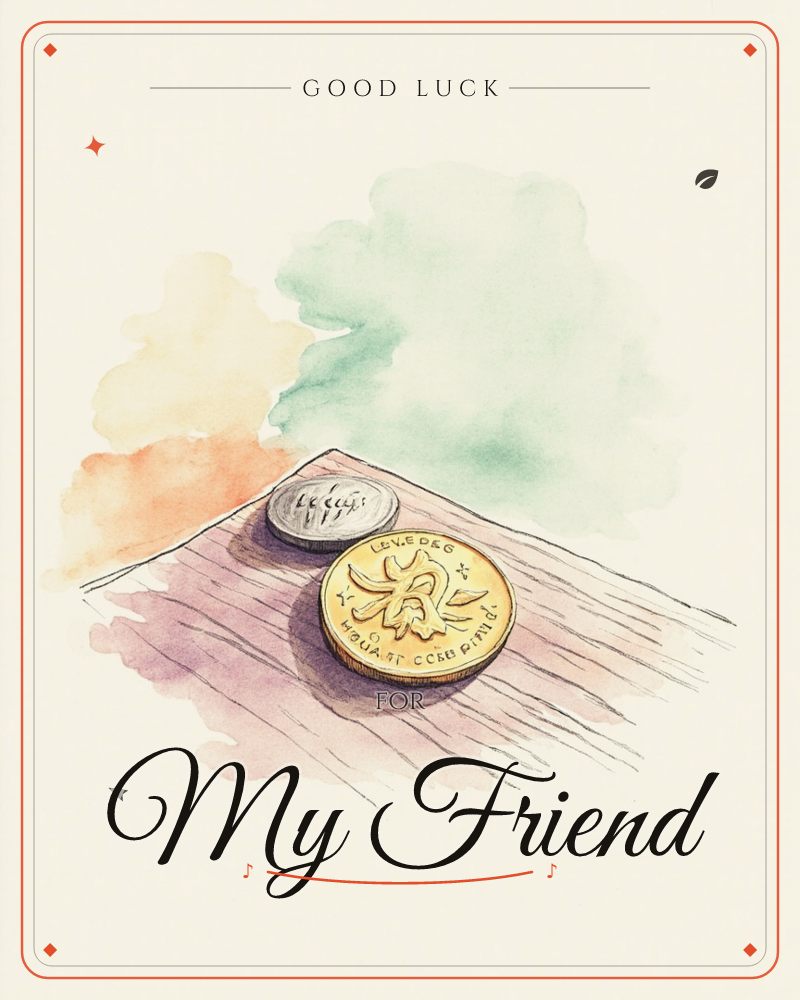 Two coins rest on the corner of a wooden table, a small silver one and a larger gold one etched with a sun-like emblem, a good luck e-card design