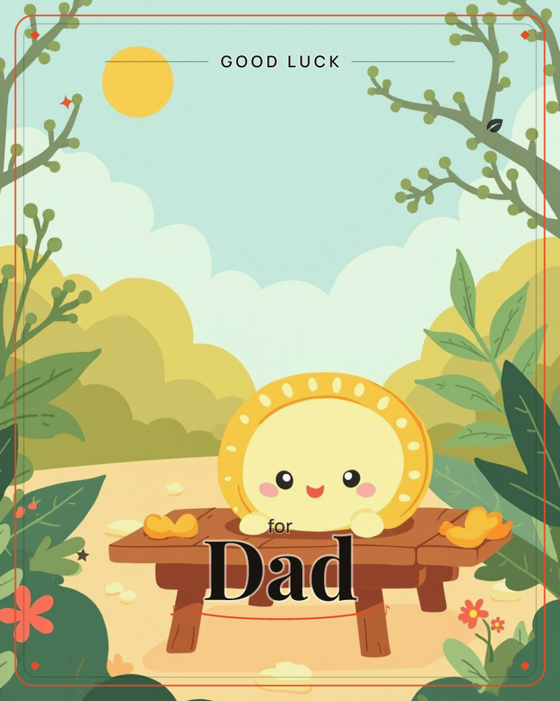 A round, smiling mooncake character with a scalloped golden crust rests its arms on a wooden garden table, surrounded by leafy bushes and small red…, a good luck e-card design
