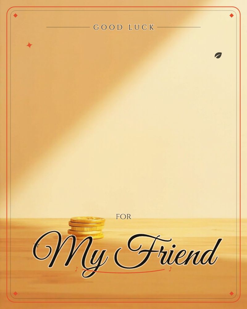A small stack of gold coins sits alone on a wooden tabletop, lit by a sharp diagonal beam of warm sunlight cutting across an otherwise plain wall, a good luck e-card design