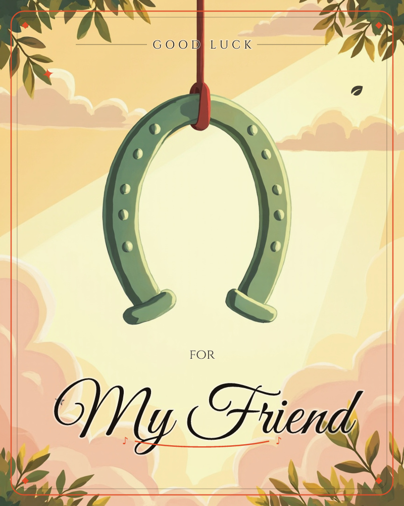 A green horseshoe hangs from a red ribbon against a glowing sky of soft peach and gold, sunbeams fanning out behind it through pink clouds, a good luck e-card design