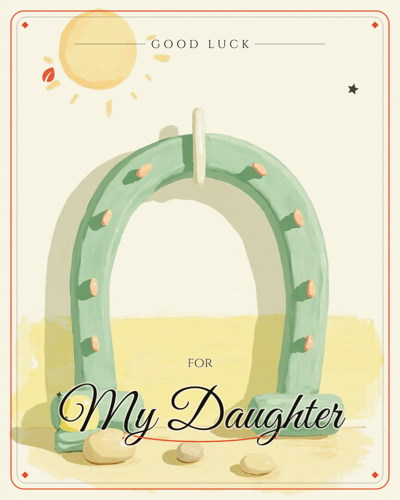 A tall arching cactus, shaped like a horseshoe with soft pink spines, stands against a pale cream and yellow desert backdrop, a good luck e-card design