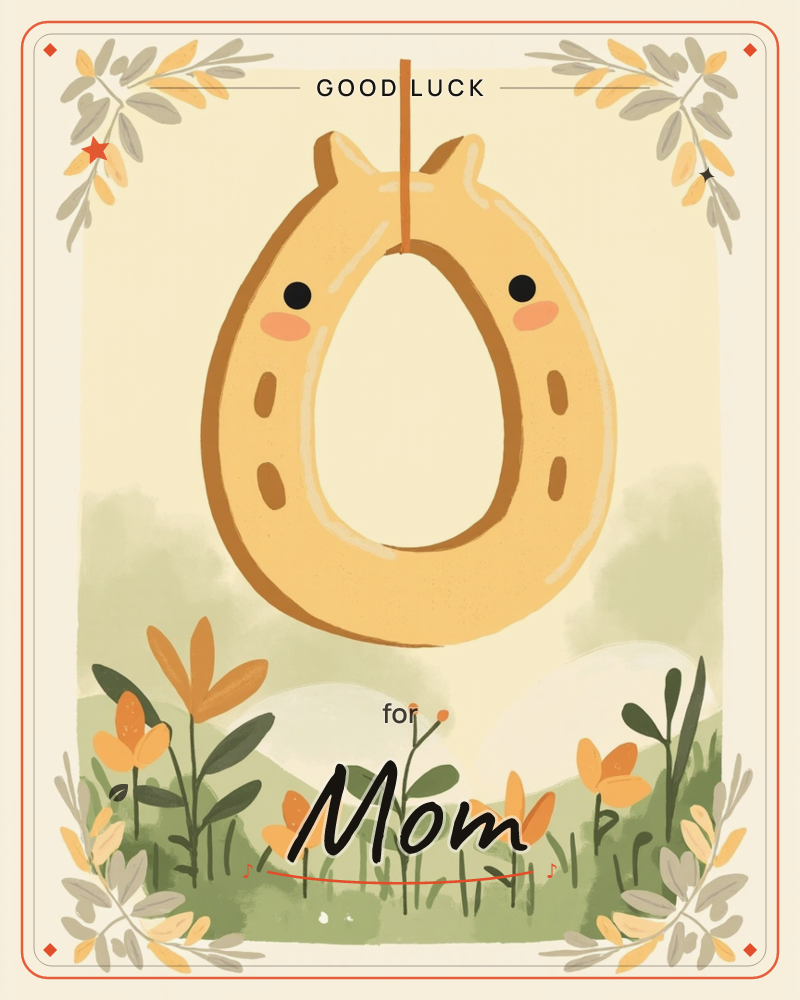 A cheerful golden horseshoe with a cute face and rosy cheeks hangs from a ribbon against a soft cream background, framed by leafy corner borders, a good luck e-card design