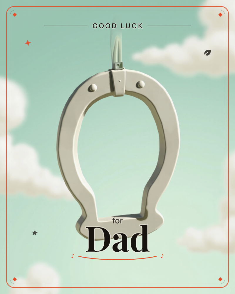 A single cream horseshoe charm hangs from a slender ribbon against a soft mint-green sky dotted with fluffy white clouds, a good luck e-card design