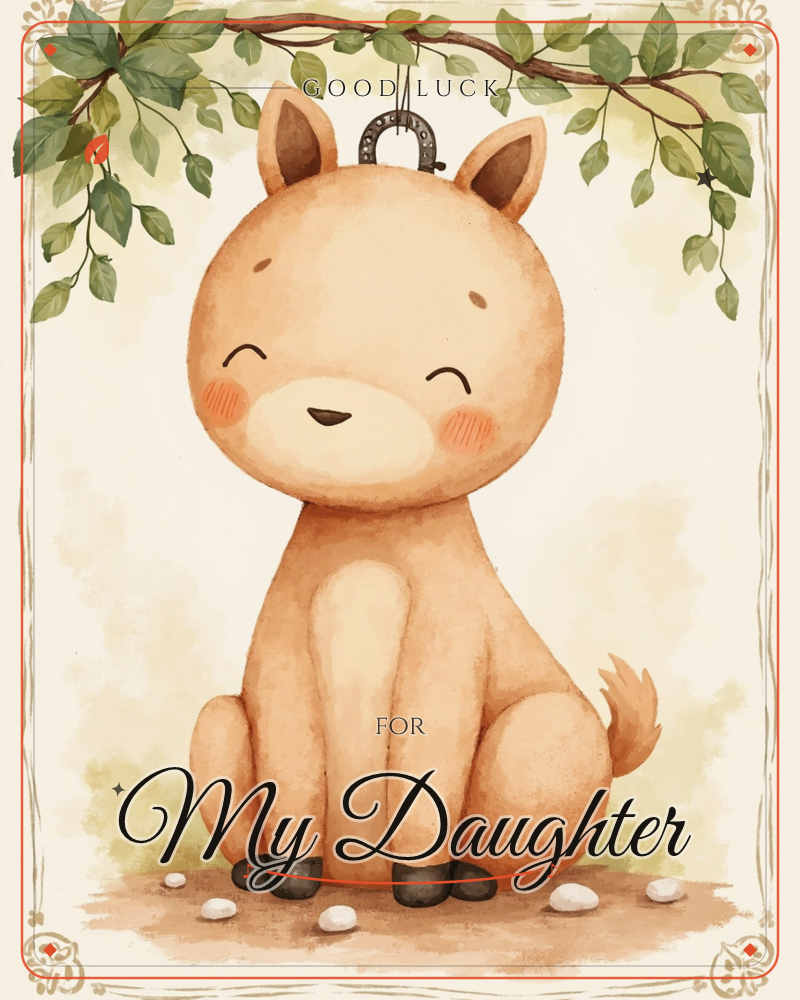 A round-faced baby donkey sits contentedly beneath a leafy branch, eyes closed in a happy smile with rosy cheeks and a tiny horseshoe charm dangling…, a good luck e-card design