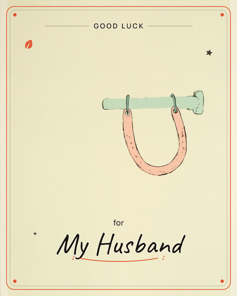 A pale coral horseshoe hangs by two small rings from a mint-green peg, set against a plain cream background, a good luck e-card design