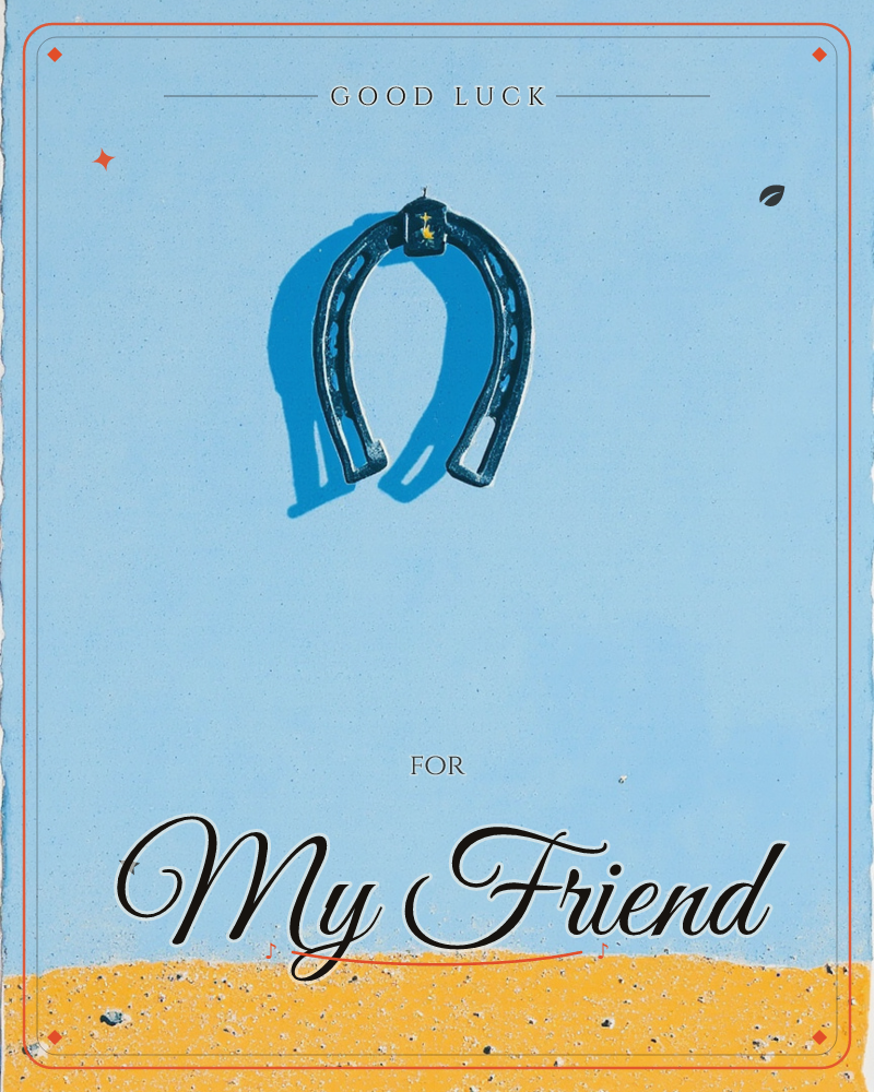 A dark blue horseshoe hangs against a flat sky-blue background, casting a bold graphic shadow to one side, with a strip of mustard yellow ground along…, a good luck e-card design