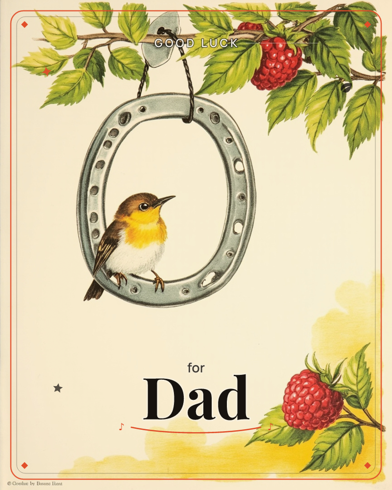 A small robin with a rust-orange breast perches inside a silvery horseshoe, which hangs by a cord from a leafy branch heavy with ripe raspberries, a good luck e-card design