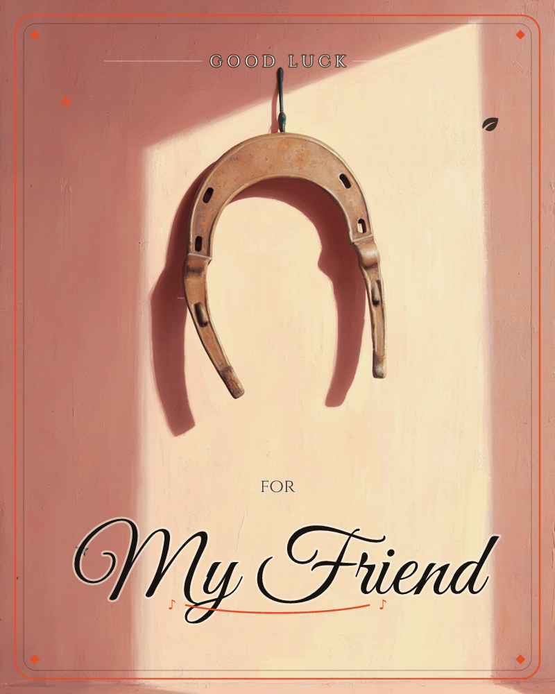 A weathered brass-toned horseshoe hangs from a small hook against a dusty pink wall, cast in a sharp diagonal beam of warm light, a good luck e-card design