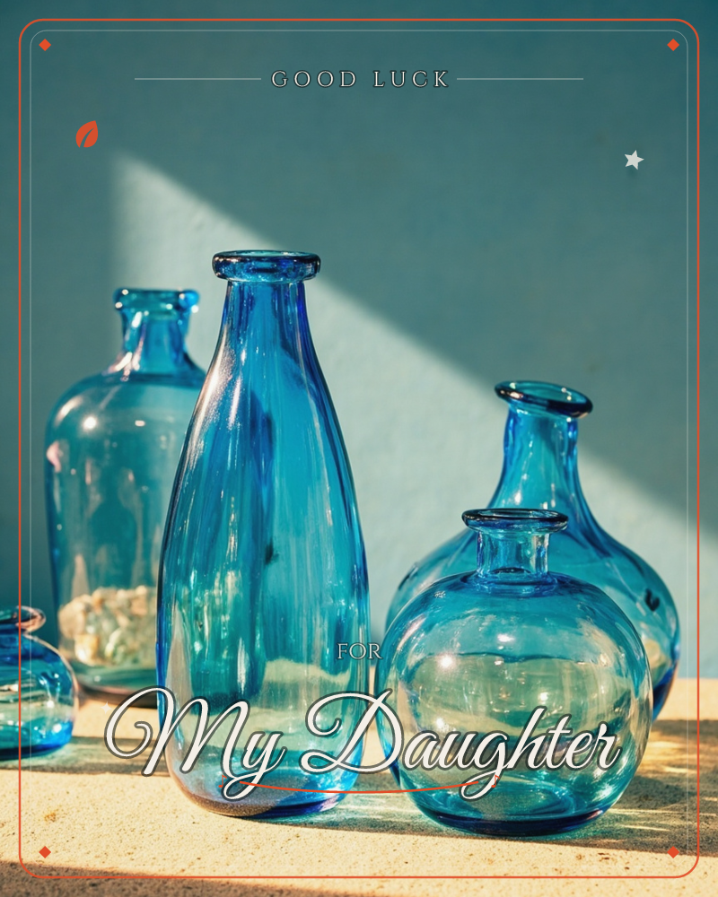 A cluster of blue glass bottles and vases sits on a stone ledge against a soft teal wall, sunlight cutting a sharp diagonal shadow across the scene, a good luck e-card design