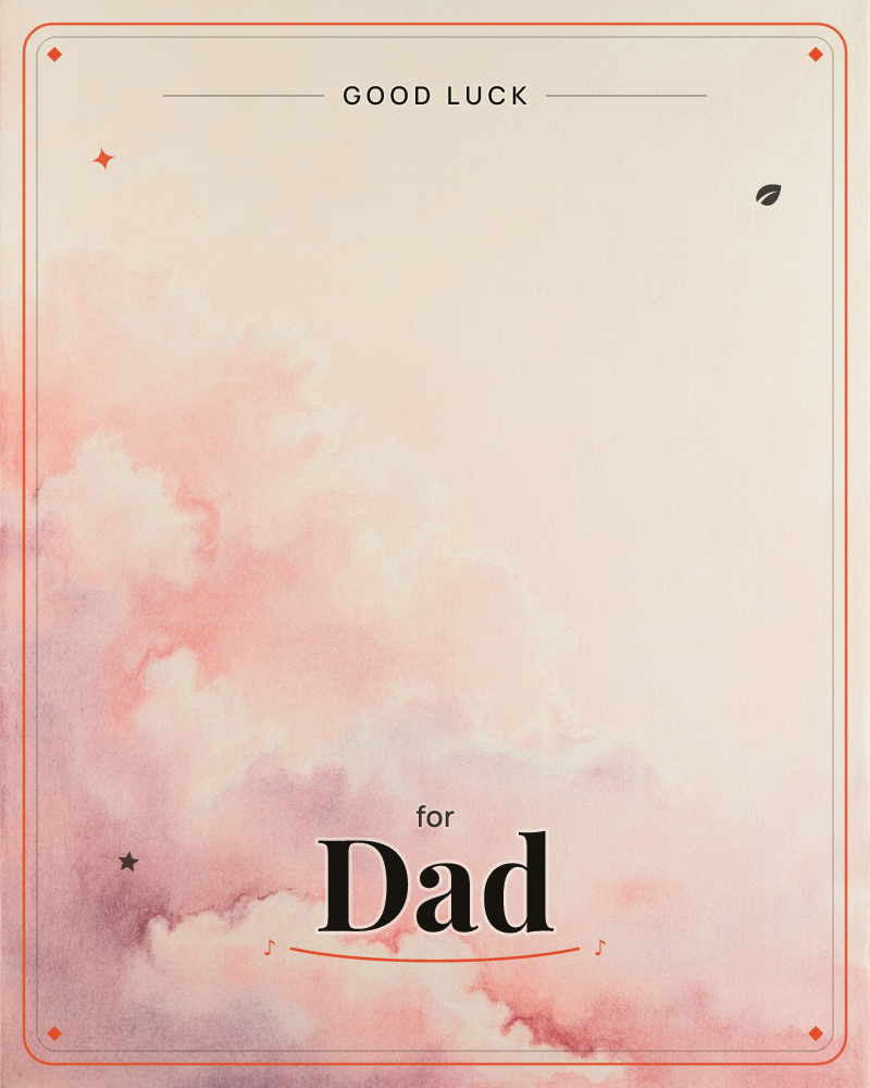 A soft cloudbank billows across the lower left corner in blush pink and lilac, fading into an open, pale cream sky, a good luck e-card design