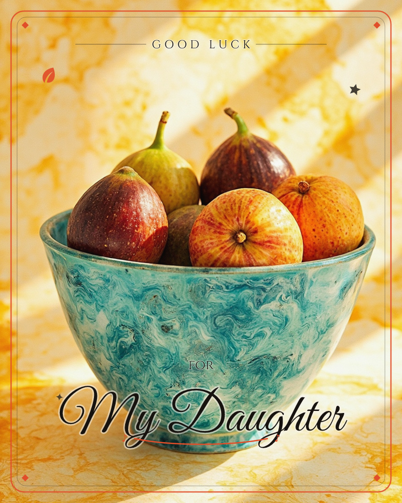 A swirled turquoise ceramic bowl sits piled with ripe figs and a small orange citrus fruit, catching warm sunlight against a marbled amber-gold backdrop, a good luck e-card design
