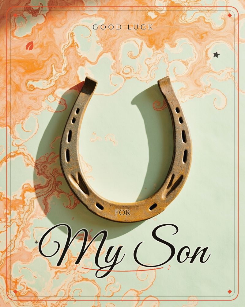 A weathered brass-toned horseshoe rests on a mint-green surface swirled with orange and cream marbled patterns, its nail holes and worn edges caught in…, a good luck e-card design