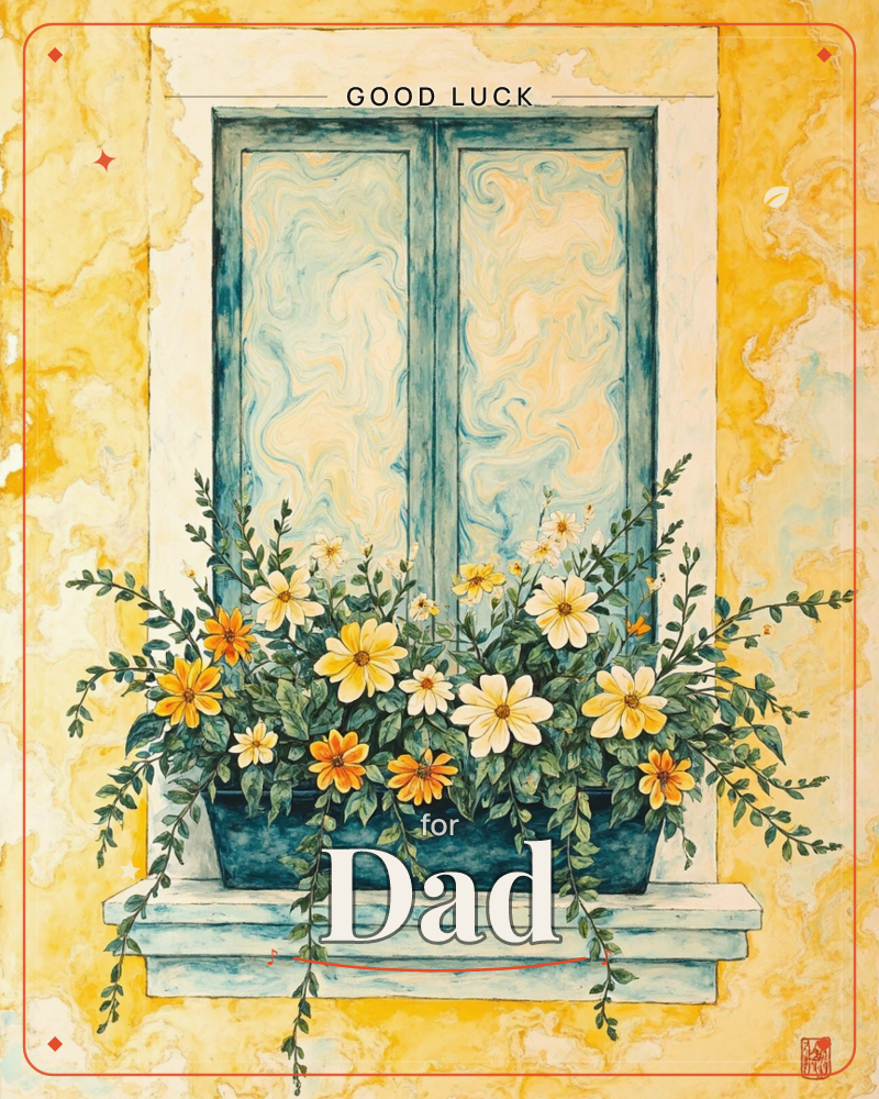 A weathered teal-shuttered window is set into a sun-washed ochre wall, its stone sill holding a dark planter overflowing with white and orange daisies, a good luck e-card design