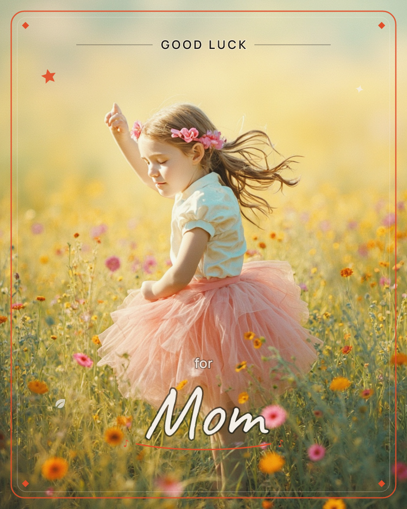 A young child in a peach tulle skirt twirls barefoot through a sunlit meadow of wildflowers, one arm raised gracefully overhead as her hair and flower…, a good luck e-card design