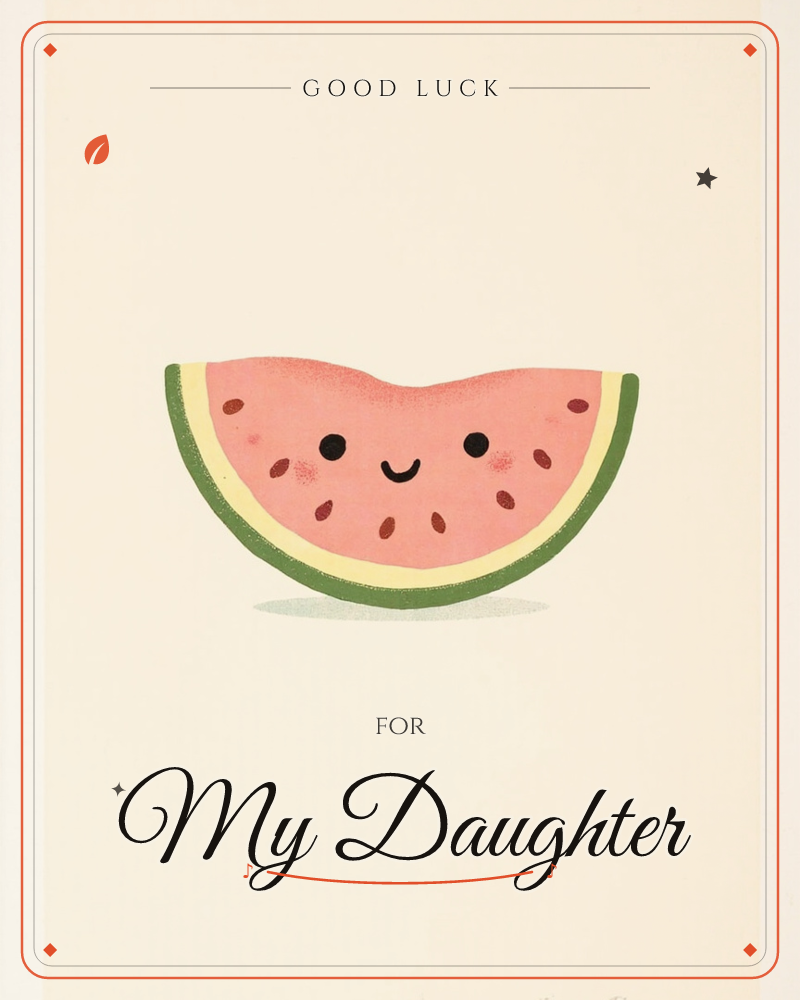 A single watermelon slice sits front and centre on a soft cream background, its bite taken out of the top rind like a smile line, dark seeds scattered…, a good luck e-card design