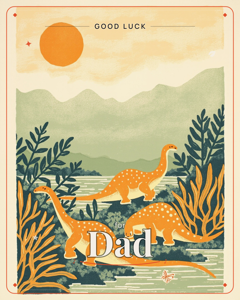Three long-necked dinosaurs wade through a shallow river beneath layered green mountains and a bold orange sun, a good luck e-card design