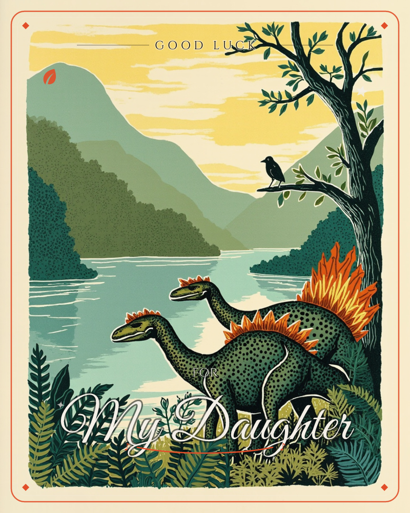 Two long-necked, spiky-crested dinosaurs stand at the edge of a still lake, framed by layered green hills fading into a soft yellow sky, a good luck e-card design
