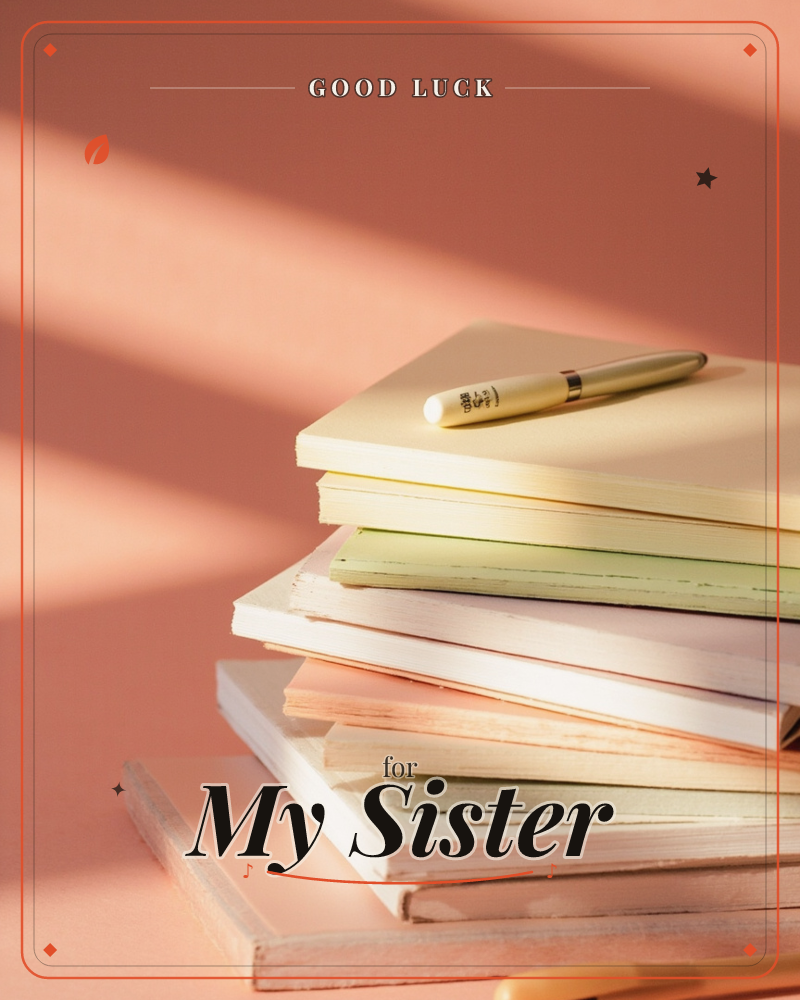 A stack of pastel notebooks in cream, sage and blush tones sits on a warm terracotta-pink surface, a slim pen resting on top, a good luck e-card design