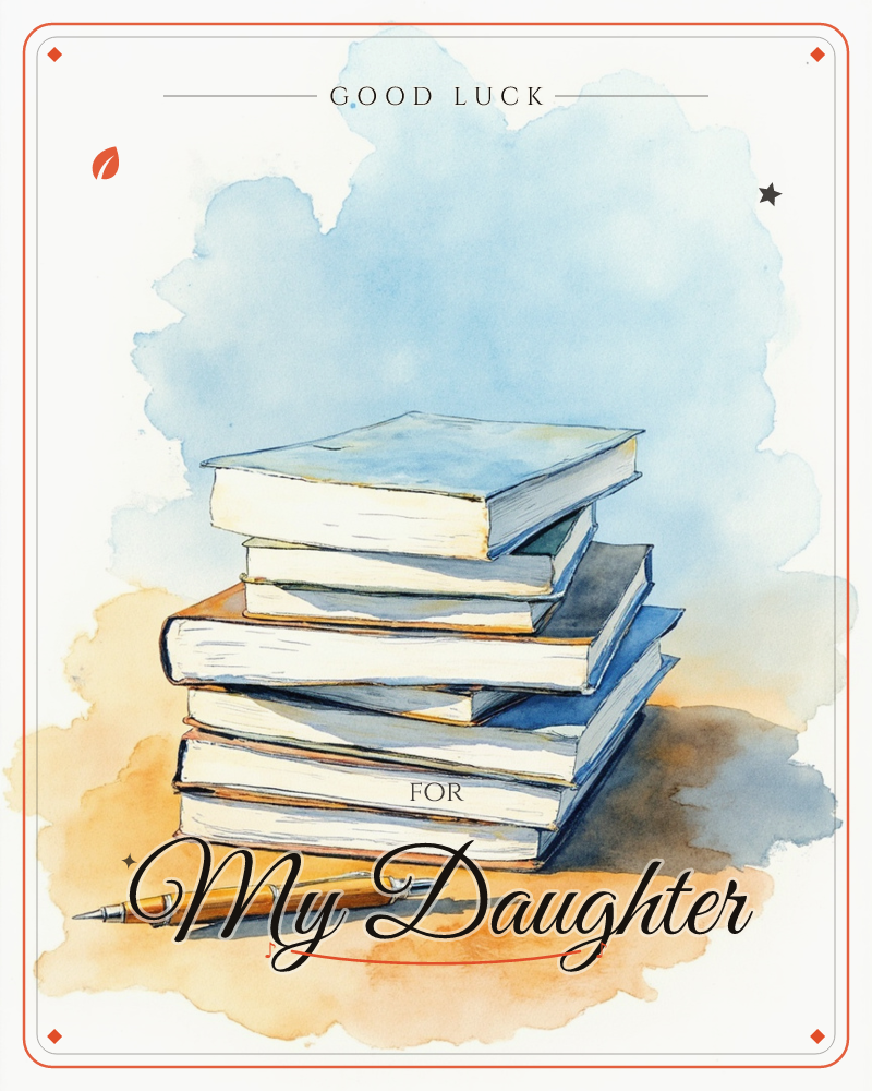 A tall stack of well-worn hardback books sits against a soft wash of blue, their pages fanned and spines slightly cracked from use, a good luck e-card design