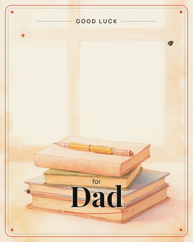 A stack of four hardback books sits on a windowsill, warmed by soft peach and cream light through the panes behind them, with a single fountain pen…, a good luck e-card design
