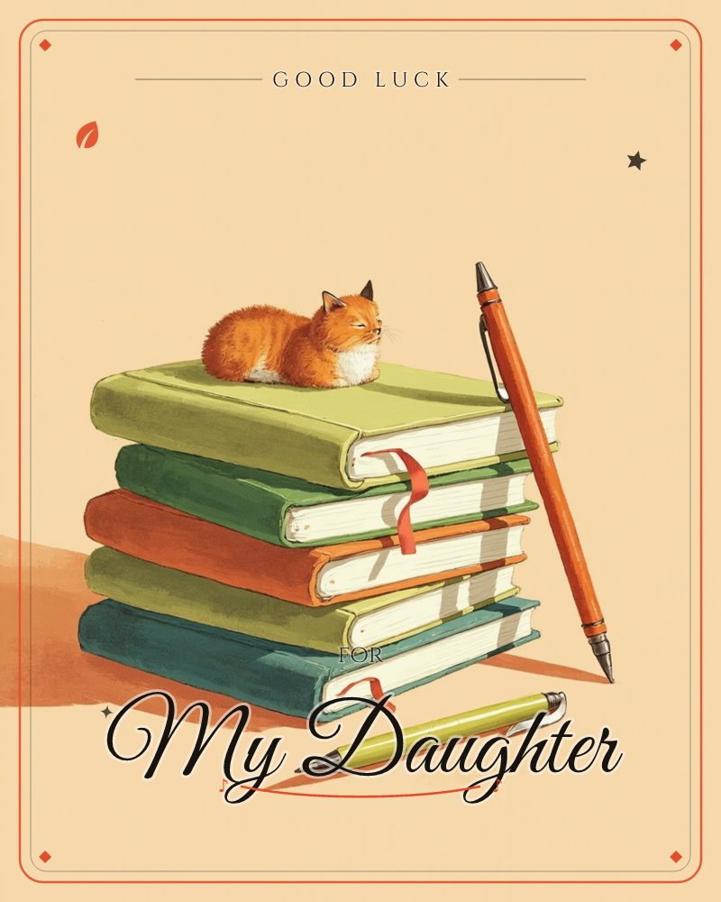 A small ginger cat curls up asleep on top of a stack of five books in green, orange and teal, red ribbon bookmarks trailing from the pages, a good luck e-card design