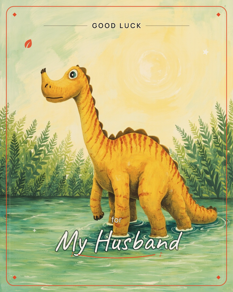 A cheerful yellow long-necked dinosaur stands knee-deep in a green pool, its striped tail and back ringed with soft ripples, a good luck e-card design