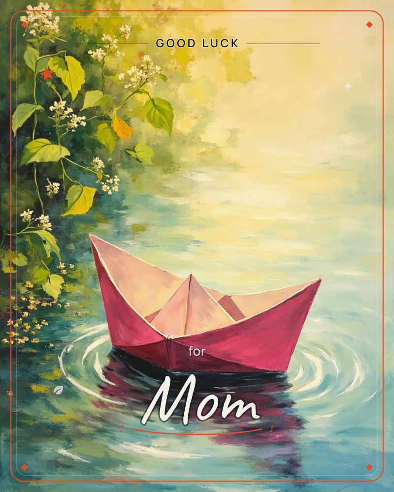 A small paper boat folded from deep pink paper drifts on a calm, sunlit stream, its ripples spreading in soft circles around it, a good luck e-card design