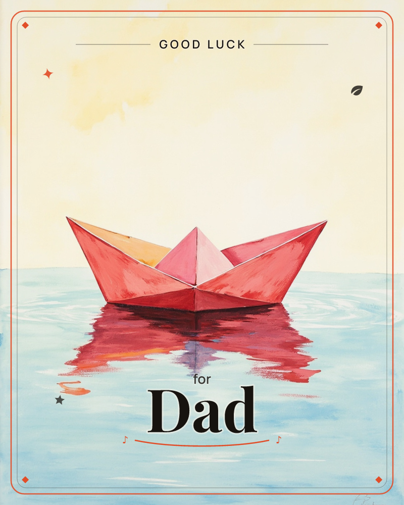 A red paper boat floats alone on calm pale-blue water beneath a soft yellow sky, a good luck e-card design