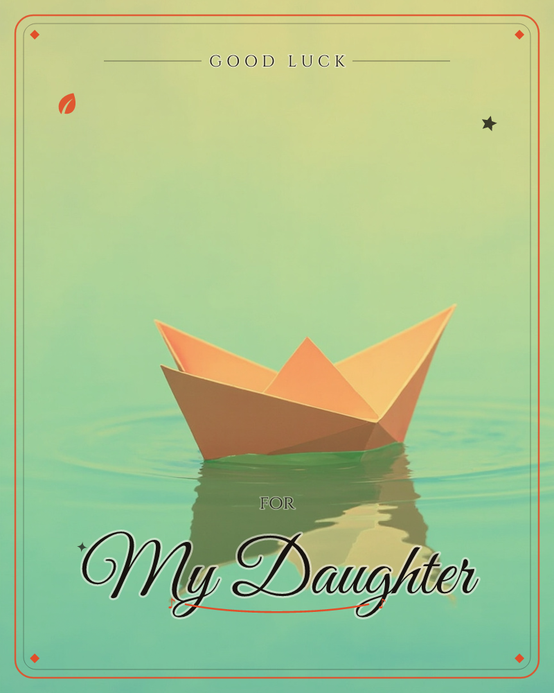 A single orange paper boat floats alone on still, glassy water, its folds catching a warm light against a hazy yellow-green sky, a good luck e-card design