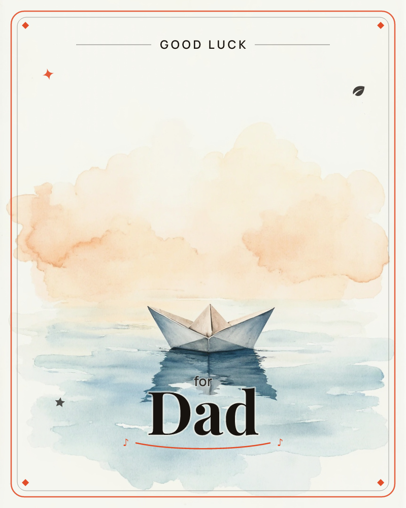 A small folded paper boat floats alone on soft blue water, its reflection wavering beneath it, a good luck e-card design