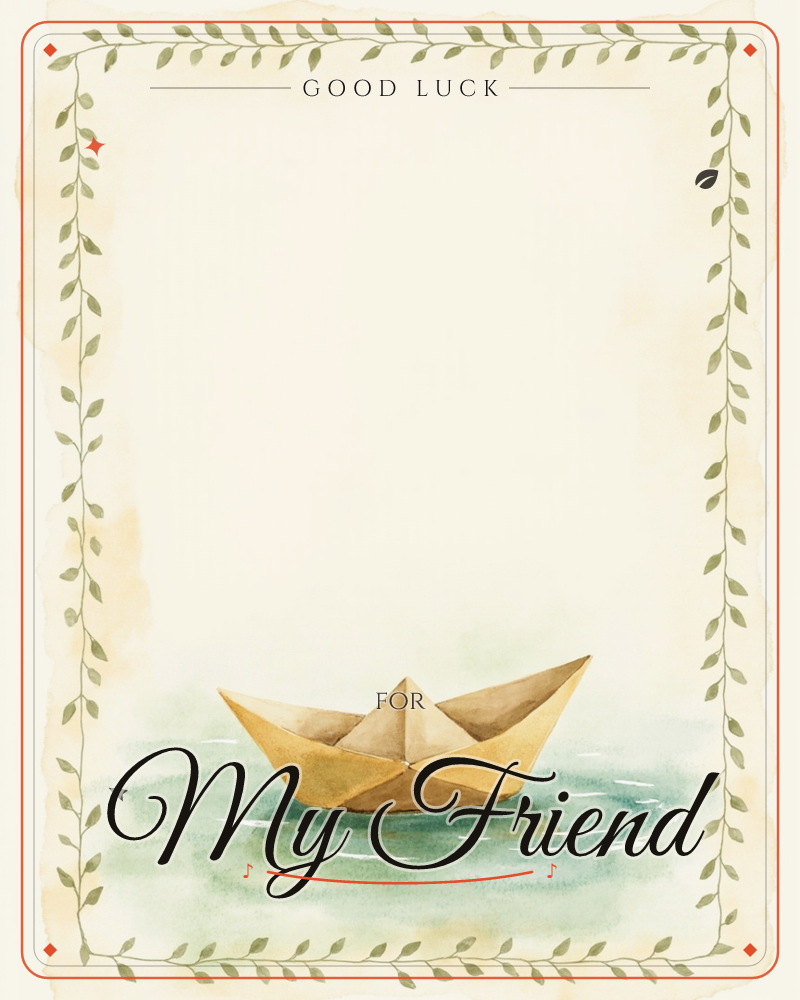 A single golden-yellow paper boat floats on a small patch of teal green water at the base of a cream-toned page, a good luck e-card design