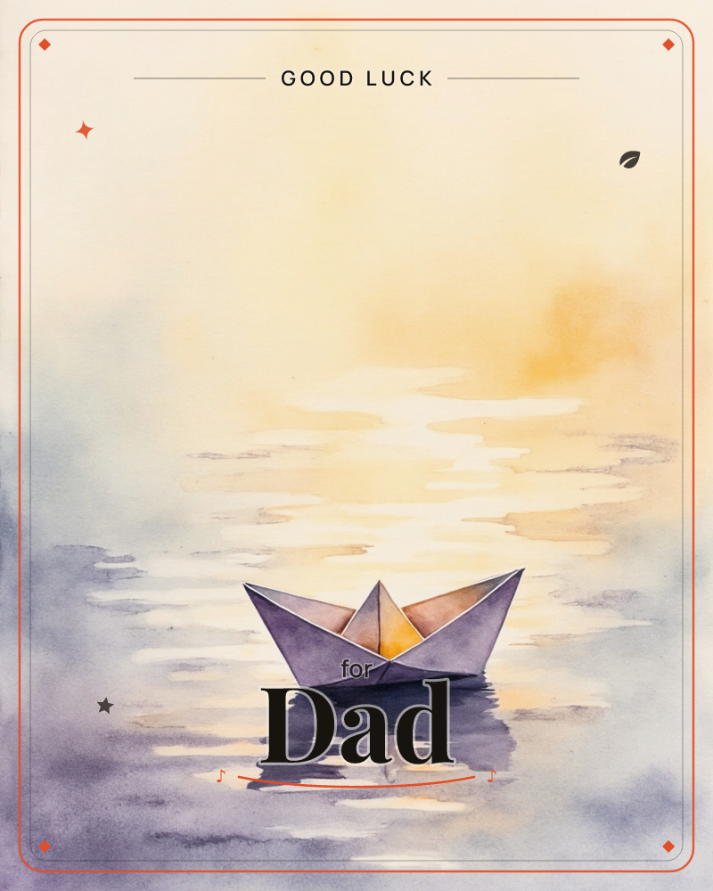 A small origami paper boat floats alone on a calm, misty stretch of water at sunset, a good luck e-card design