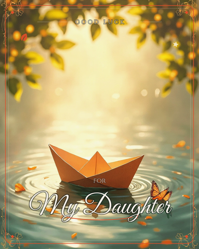 A small orange paper boat floats on calm, rippling water beneath a canopy of golden leaves and glowing citrus-like fruit, a good luck e-card design