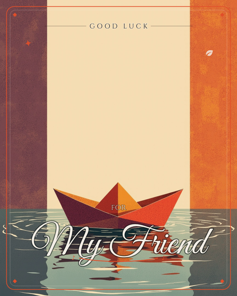 A single paper boat, folded from panels of maroon, burnt orange and amber, floats on calm teal water rippling gently around its hull, a good luck e-card design
