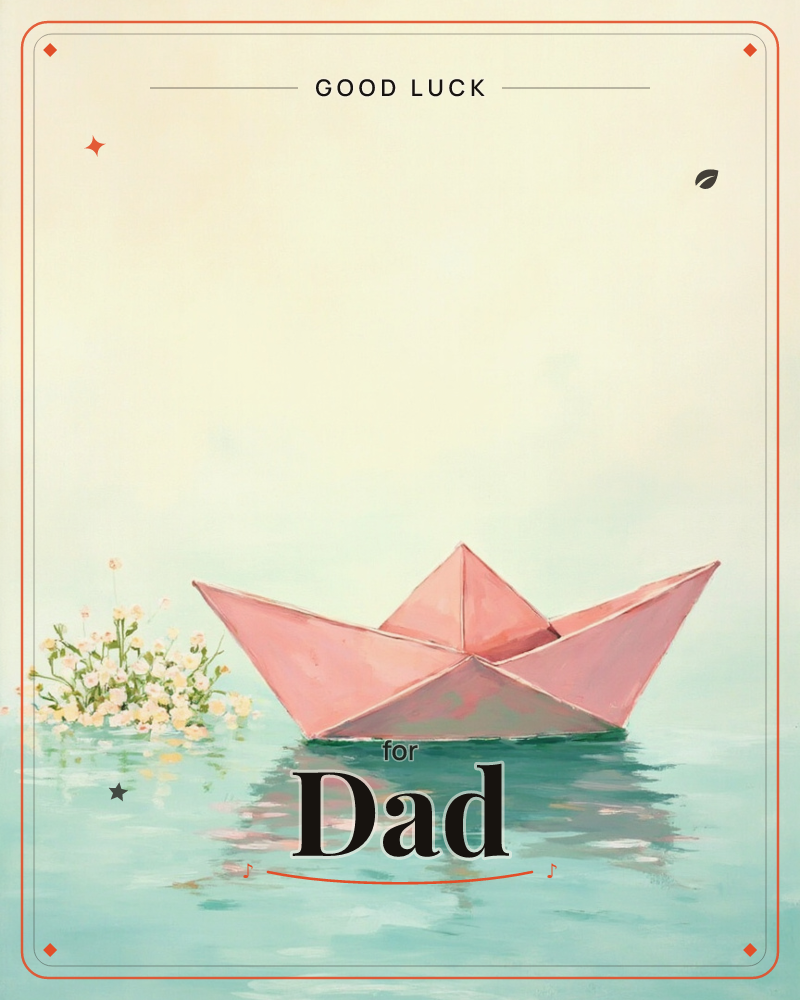 A pink paper boat floats alone on calm teal water, a small cluster of white wildflowers drifting beside it, a good luck e-card design