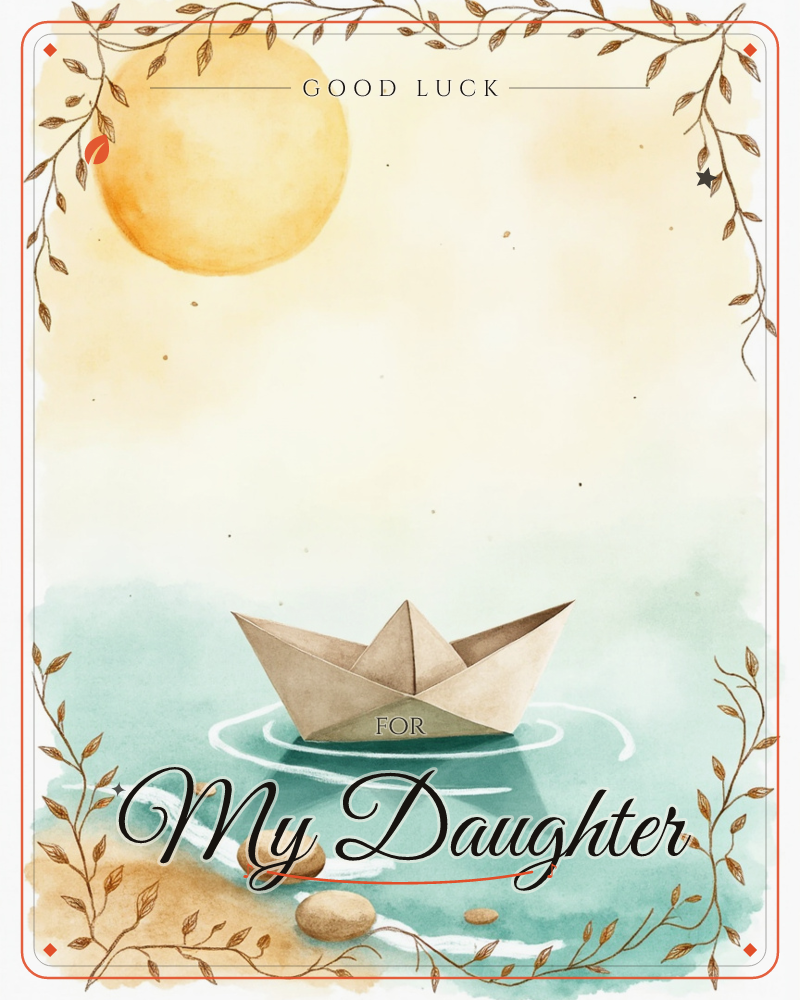 A small paper boat floats on calm turquoise water beneath a soft golden sun, its reflection rippling gently below, a good luck e-card design