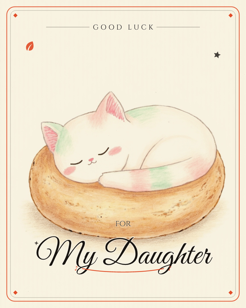 A round, sleepy cat with pastel pink and green patches curls up snugly inside a giant golden-brown doughnut, eyes closed and rosy-cheeked with contentment, a good luck e-card design