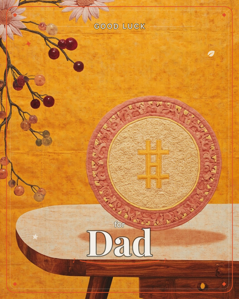 A round textile-like medallion with a carved pink-and-gold border and a golden lattice symbol at its centre rests upright on a wooden table, set…, a good luck e-card design