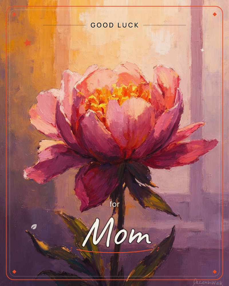 A single full-blown peony fills the frame, its pink and coral petals catching a warm golden light against a softly brushed backdrop of ochre and lavender, a good luck e-card design