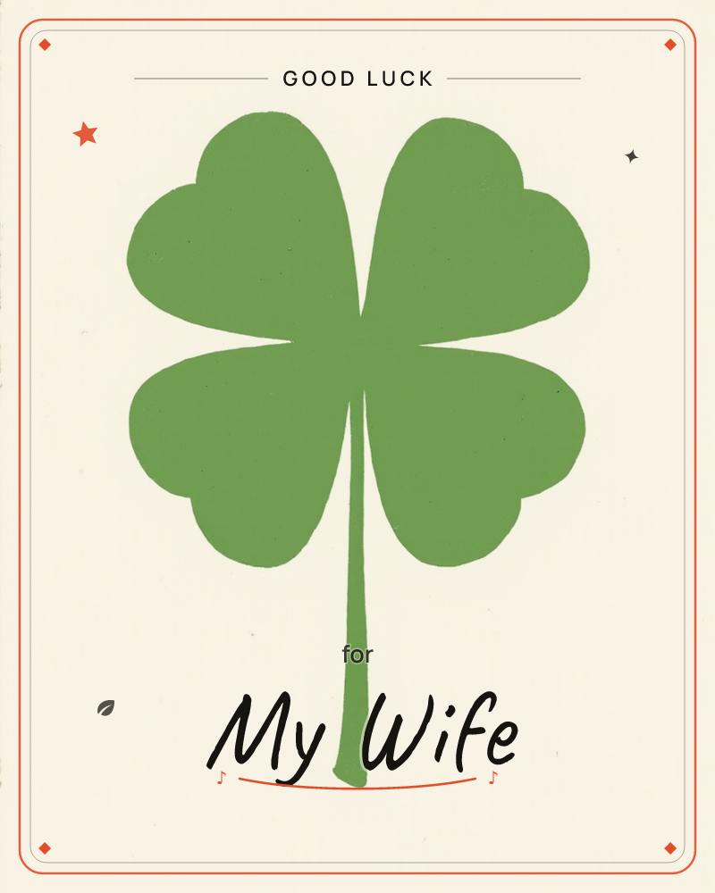 A single four-leaf clover in solid green sits centred on a warm cream background, its four heart-shaped leaves fanned symmetrically around a slim…, a good luck e-card design