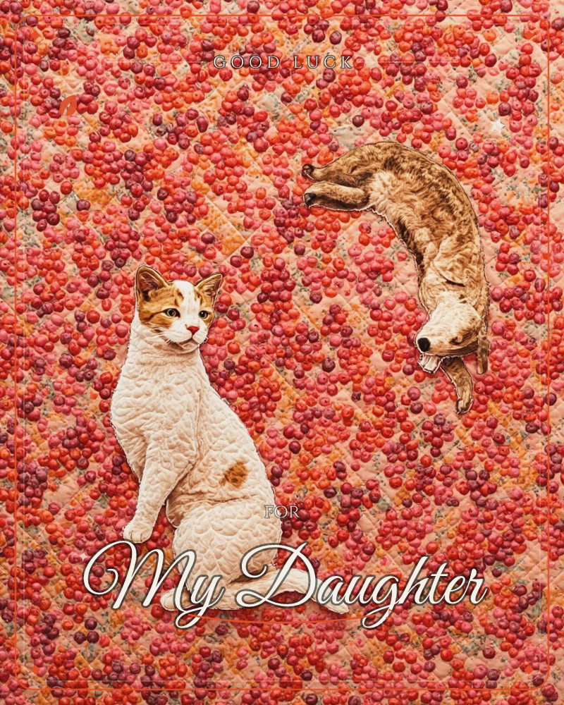 Two cats sit against a dense, textured field of red and pink berries, rendered like a quilted or fabric-collage pattern, a good luck e-card design