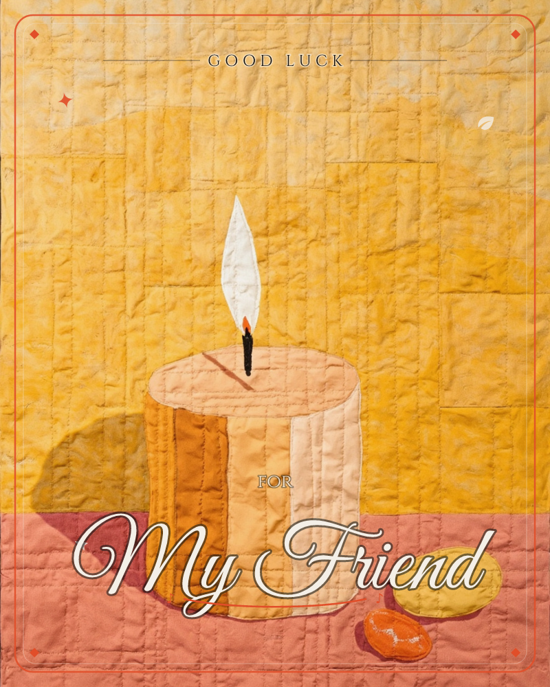 A lit candle rendered in quilted fabric panels stands against a warm patchwork wall of golden yellow, its flame stitched in crisp white and orange, a good luck e-card design